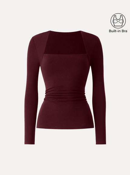 Trapeze Neck Long Sleeve Ruched Built-In Bra Top - Espresso Shut