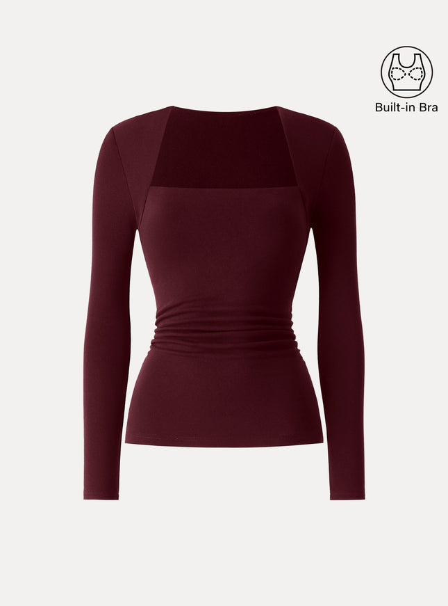 Trapeze Neck Long Sleeve Ruched Built-In Bra Top - Espresso Shut