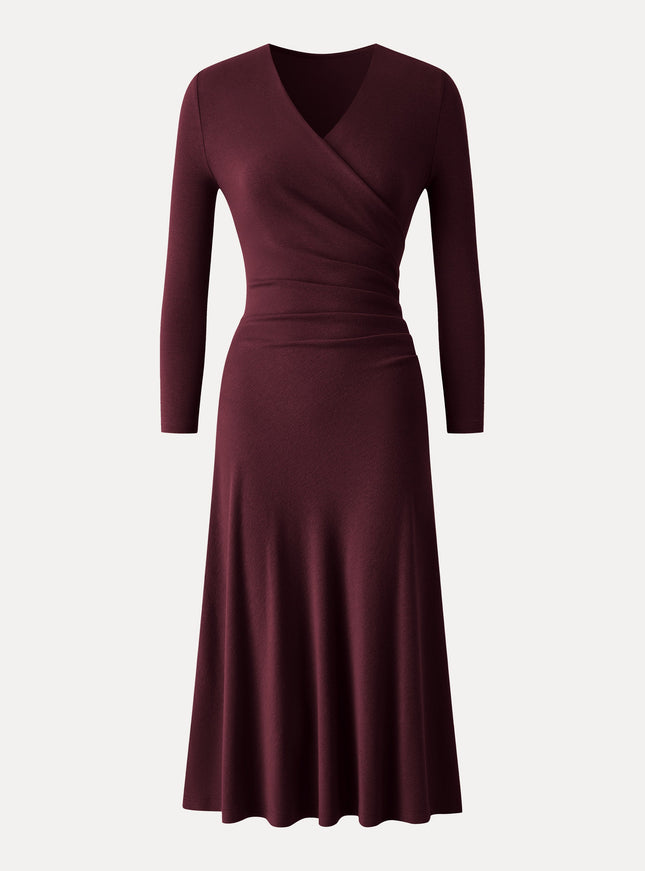 Surplice 3/4 Sleeve Side-Tuck Midi Dress