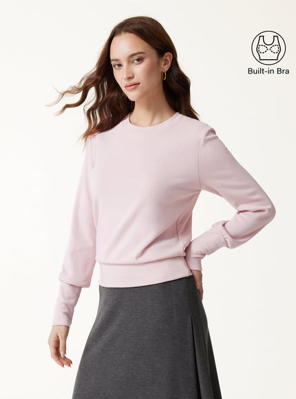 Elevated Crewneck Brushed Built-In Bra Top with Banded Hem