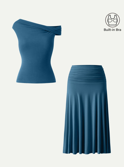 2Pcs Set Multi-wear Built-In Bra Top & Side Ruched A-line Midi Skirt