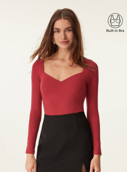 Diamond Neck Long Sleeve Built-In Bra Top