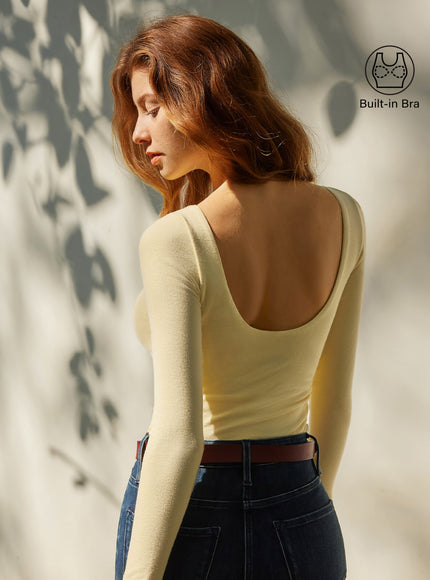Boatneck Long Sleeve Open-Back Ruched Built-In Bra Top
