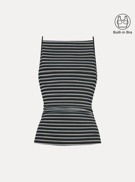 Striped Side Ruched Spaghetti New Airy Built-In Bra Tank