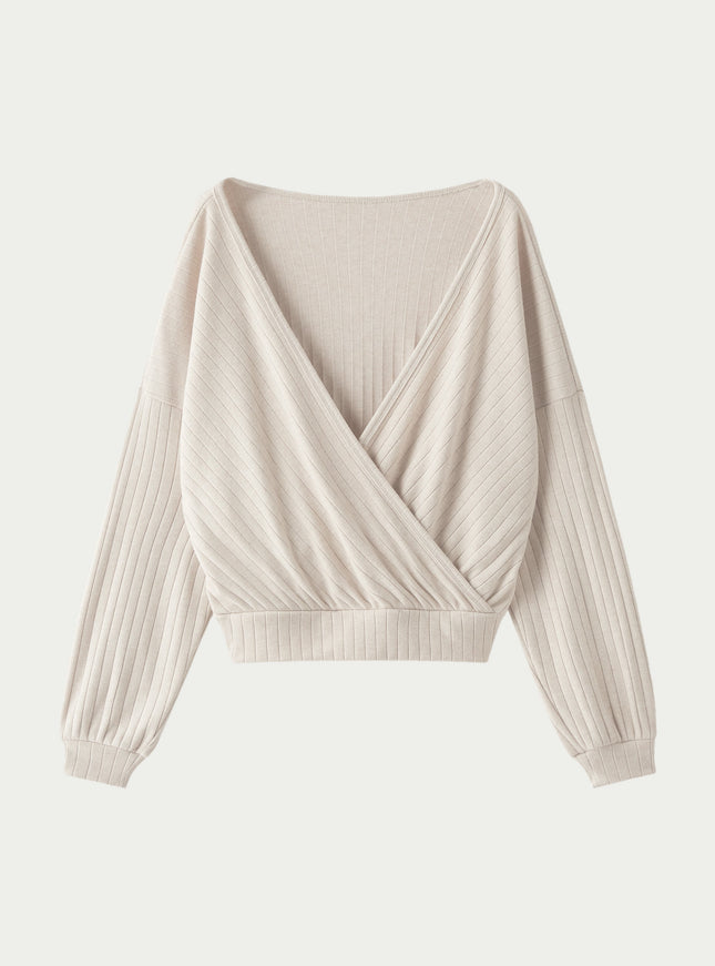 MaxWarm Wide Ribbed Crossover Long Sleeve Banded Hem Top