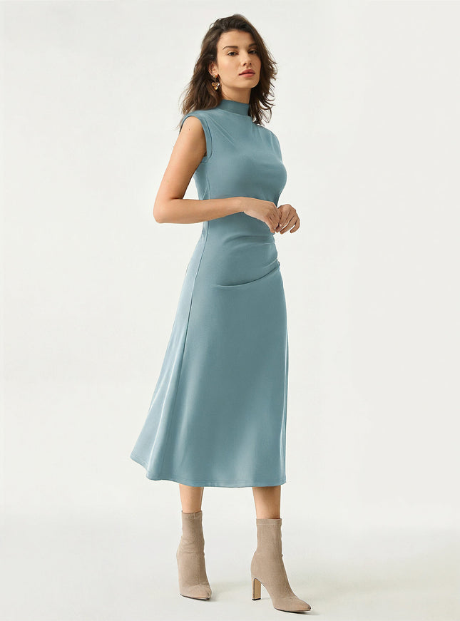 Mockneck Tucks Midi Dress