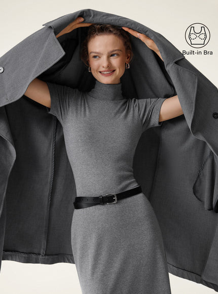 Soft Thermal Mockneck Short Sleeve Built-In Bra Top