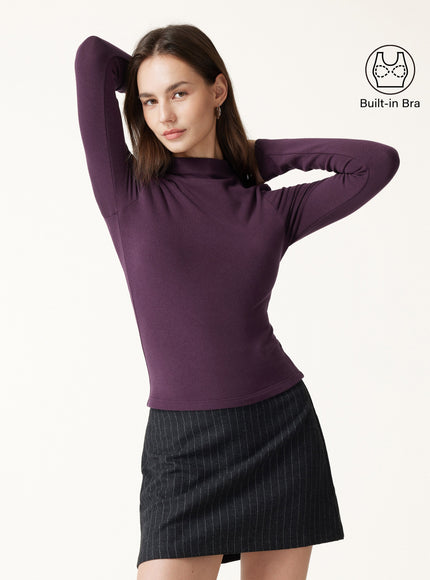 Mock Neck Long Sleeve Built-In Bra Top