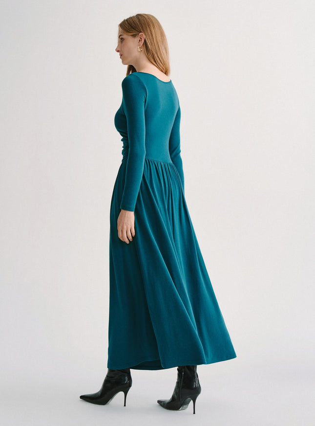 Boatneck Long Sleeve Ruched Maxi Built-In Bra Dress with Pockets