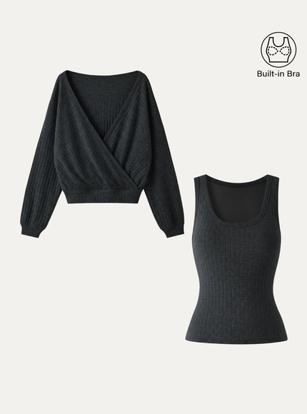 2Pcs Set MaxWarm U-Neck Built-In Bra Top & Crossover Banded Hem Top