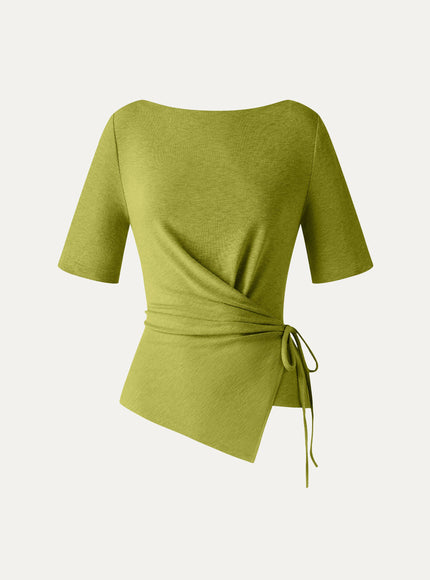 Slash Neck Short Sleeve Tie-Side Top