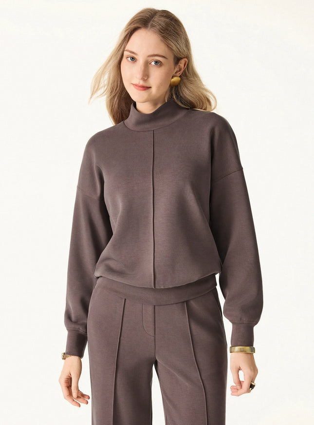 2Pcs Set Mockneck Long Sleeve Shirt & High-Rise Wide Leg Pants with Pockets
