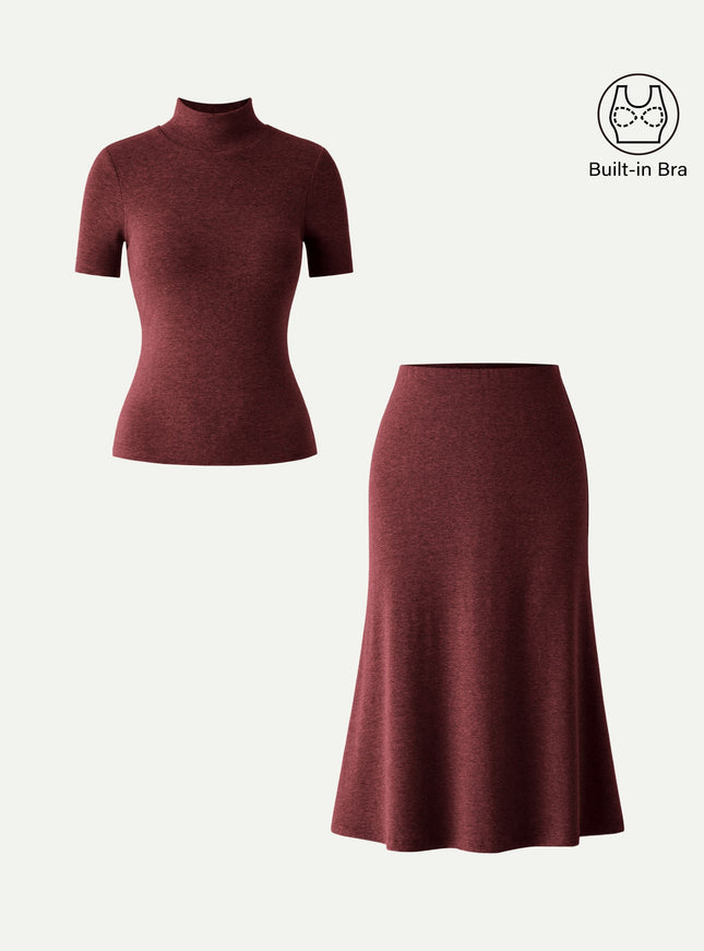 2Pcs Set Mockneck Built-In Bra Top & Pull-On Midi Skirt