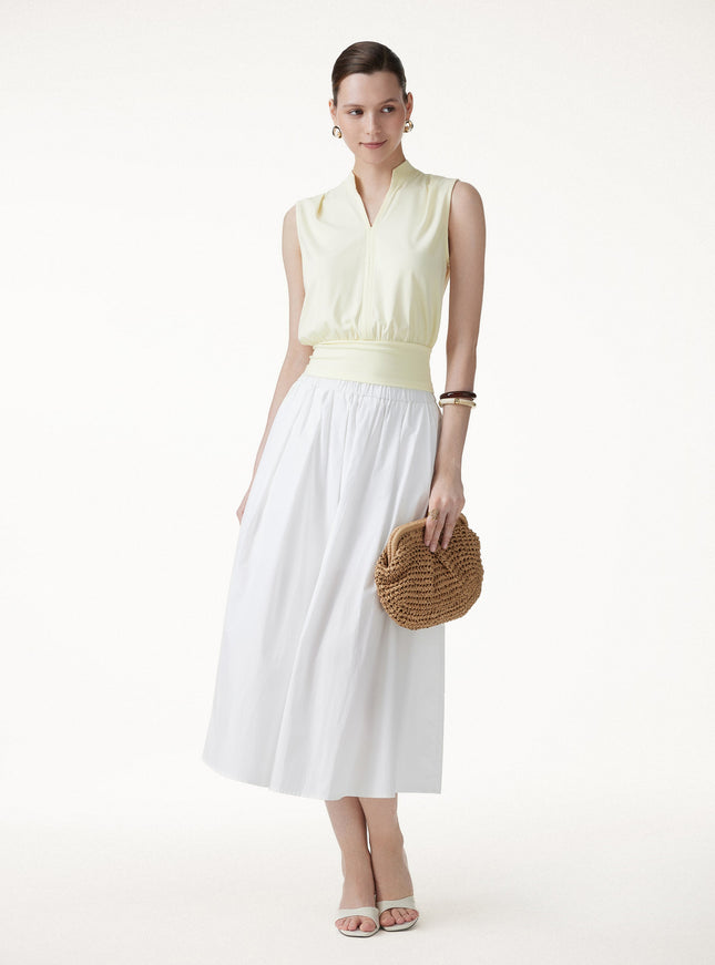 Cotton-Viscose V-neck Stand Collar Sleeveless Top