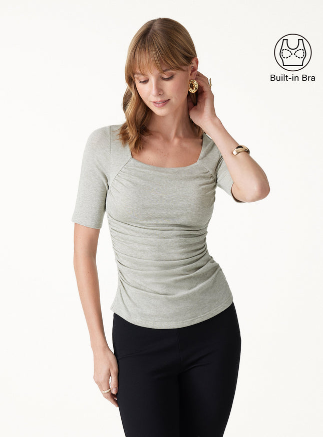 Lyocell-Wool Square Neck Elbow Sleeve Ruched Built-In Bra Top