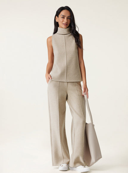 2Pcs Set Petite High Waisted Warm Straight Leg Pull On Pant & Split Hem Top