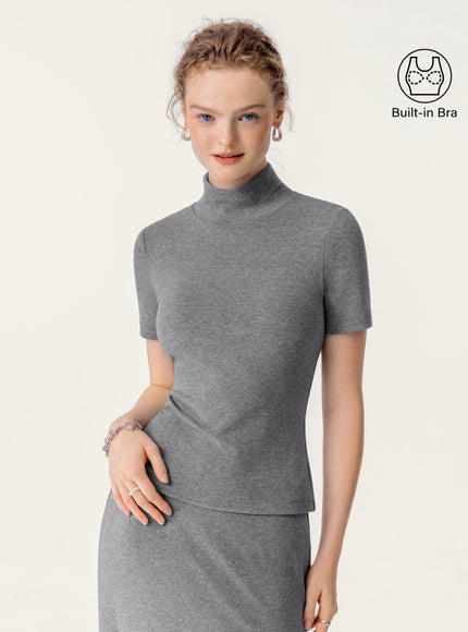 Soft Thermal Mockneck Short Sleeve Built-In Bra Top