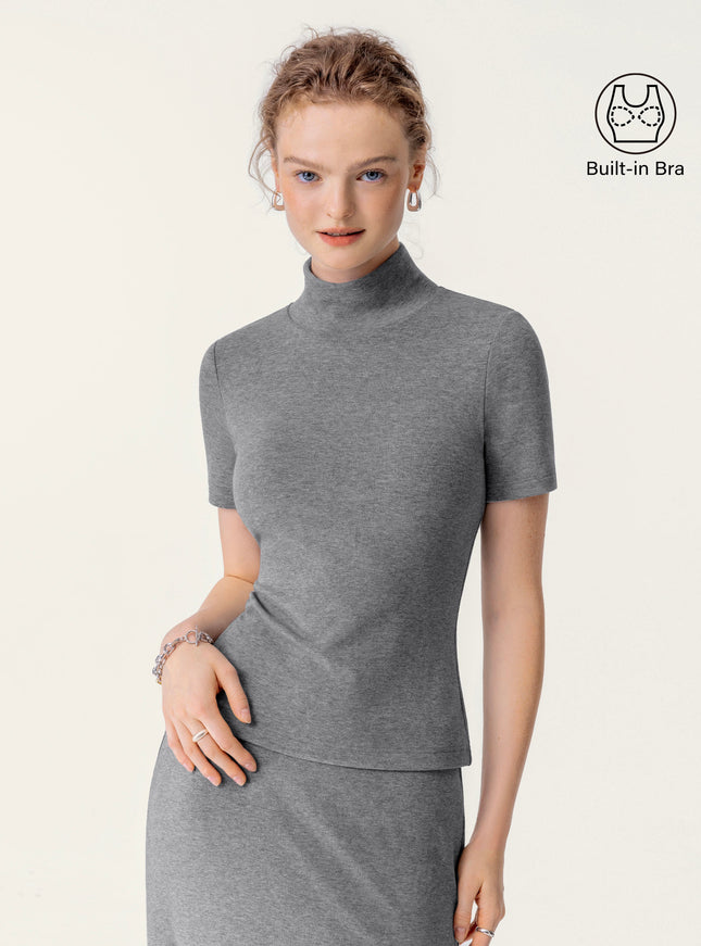 Soft Thermal Mockneck Short Sleeve Built-In Bra Top