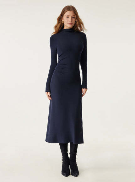 Mock Neck Long Sleeve Ruched Mermaid Midi Dress