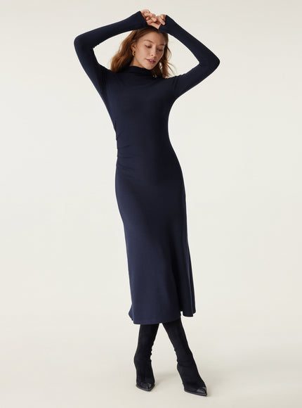Mock Neck Long Sleeve Ruched Mermaid Midi Dress