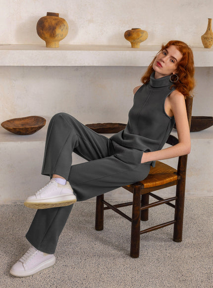 2Pcs Set Regular Split Hem Top & High Waisted Warm Straight Leg Pull On Pant
