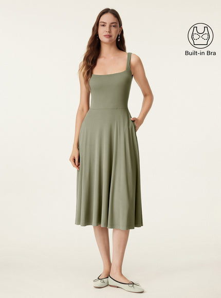 Square Neck Flowy New Airy Bra Midi Dress