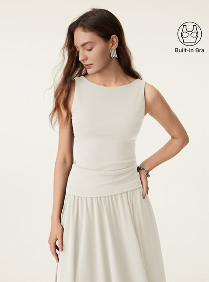 Stretch Cotton Boatneck Built-In Bra Tank