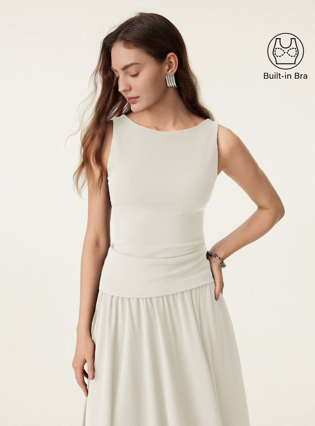 Stretch Cotton Boatneck Built-In Bra Tank