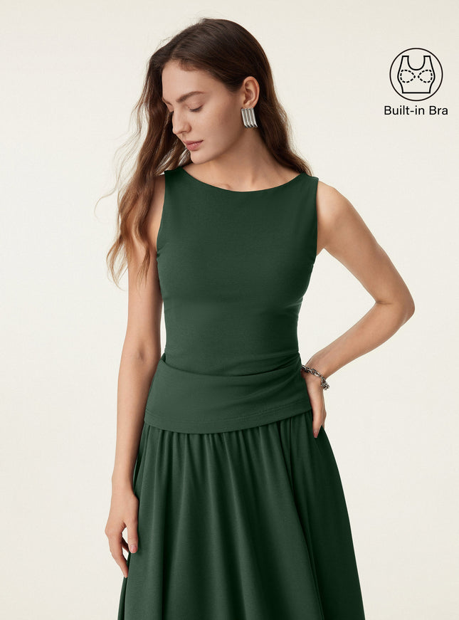Stretch Cotton Boatneck Built-In Bra Tank