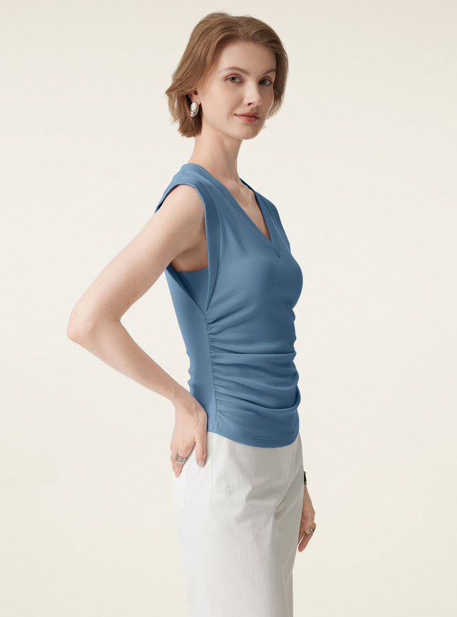 Stretch Cotton V-neck Side Ruched Muscle Built-In Bra Top