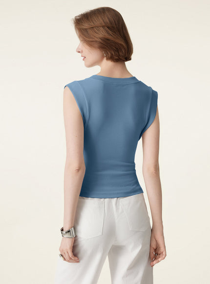 Stretch Cotton V-neck Side Ruched Muscle Built-In Bra Top