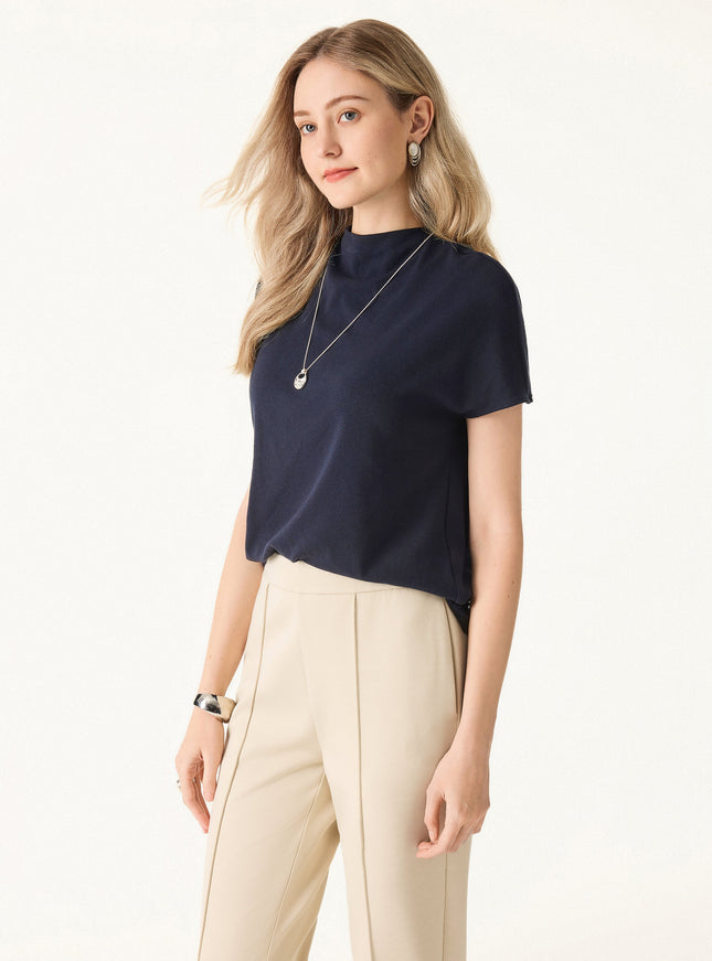Mock Neck Short Sleeve Built-In Bra Top
