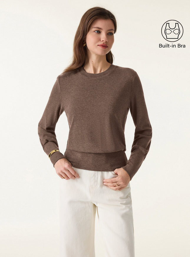 Elevated Crewneck Brushed Built-In Bra Top with Banded Hem