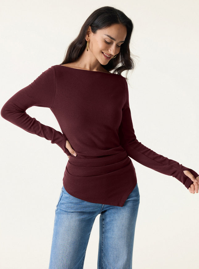 Boatneck Side Tucks Asymmetrical Built-In Bra Top