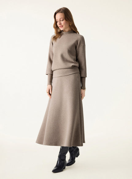 2Pcs Set Mockneck Sleeve-Warmer Top & Midi A-line Circle Skirt