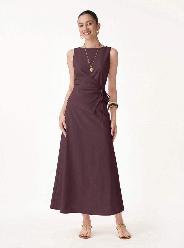 2Pcs Set Boatneck Waist-Defined Top & Maxi Flared Pull-On Skirt