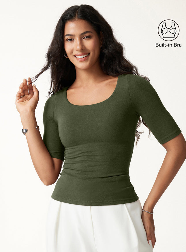 Essential Elbow Length Sleeve Square Neck Built-In Bra Tops