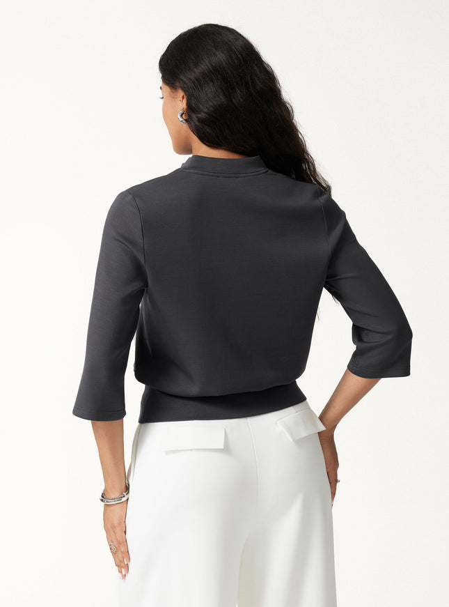 Lyocell Spacer Knit V-Neck Elbow Sleeve Banded Top