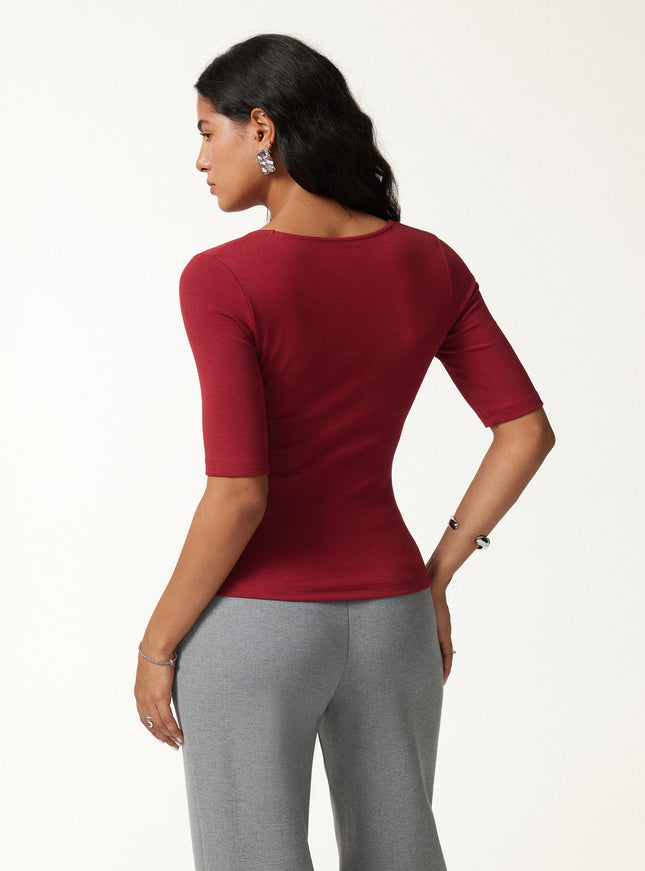 Square Neck Elbow Sleeve Built-In Bra Top