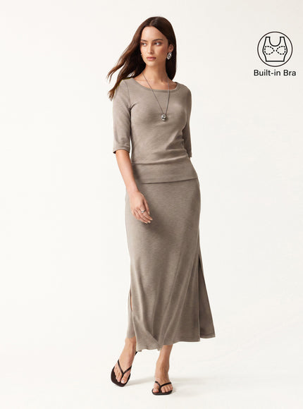 2Pcs Set Round Neck Elbow Sleeve Built-In Bra Top & Side-Slit A-Line Midi Skirt