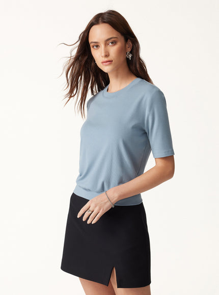 Lyocell Wool Crewneck Built-In Bra Top with Banded Hem