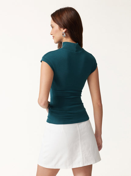 Stretch Cotton Mock Neck Cap Sleeve Built-In Bra Top