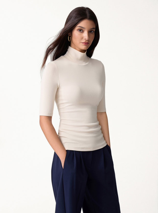 2Pcs Set Turtleneck Built-In Bra Tops & High Rise Wide Leg Pant