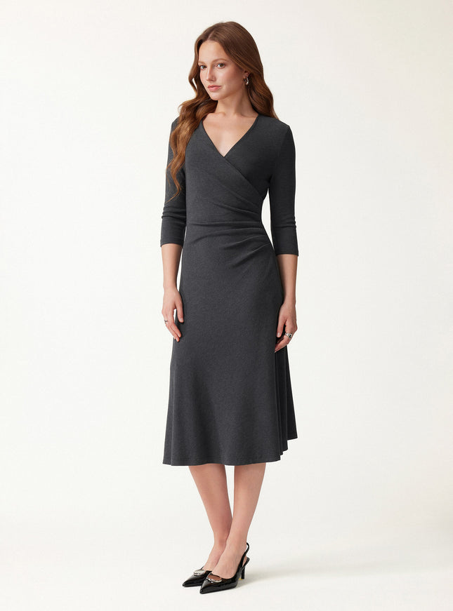 Surplice 3/4 Sleeve Side-Tuck Midi Dress