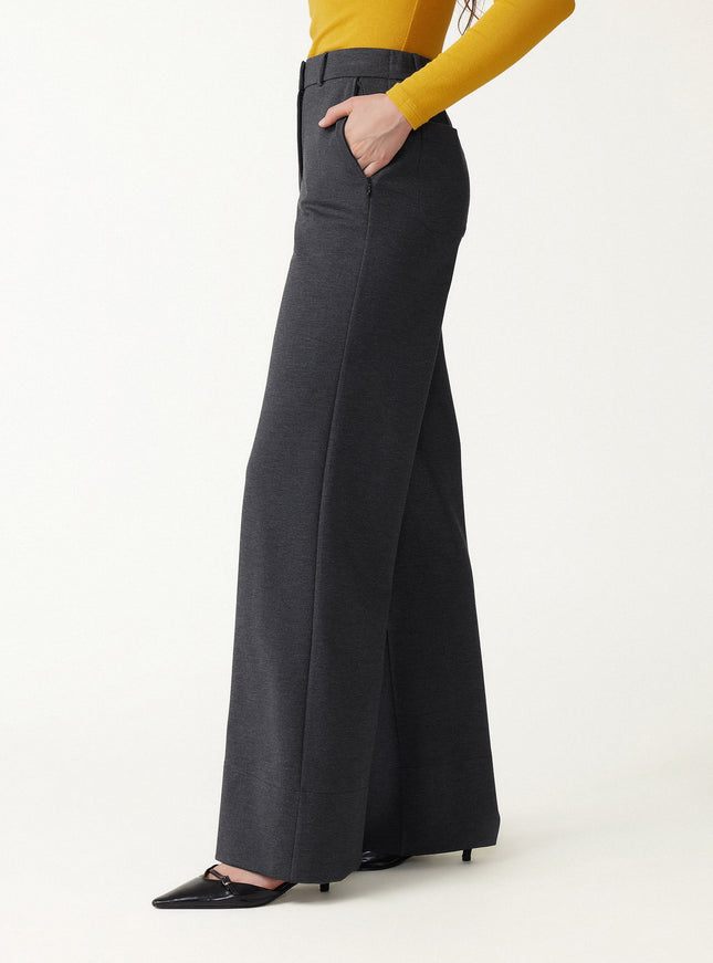 Ponte Mid-Rise Wide-Leg Pants with Pockets - Heather Black Grey