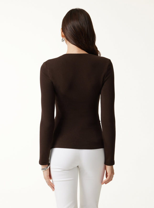 Trapeze Neck Long Sleeve Ruched Built-In Bra Top - Espresso Shut