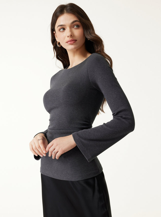 Round Neck Bell Sleeve Ruched Built-In Bra Top