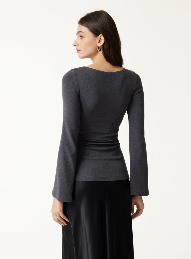 Round Neck Bell Sleeve Ruched Built-In Bra Top