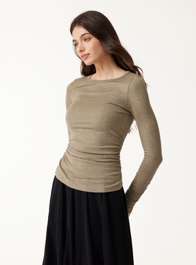 Lyocell-Wool Round Neck Long Sleeve Ruched Top