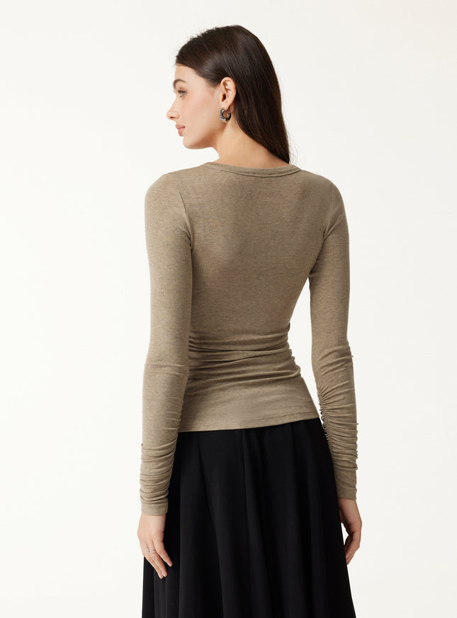 Lyocell-Wool Round Neck Long Sleeve Ruched Top